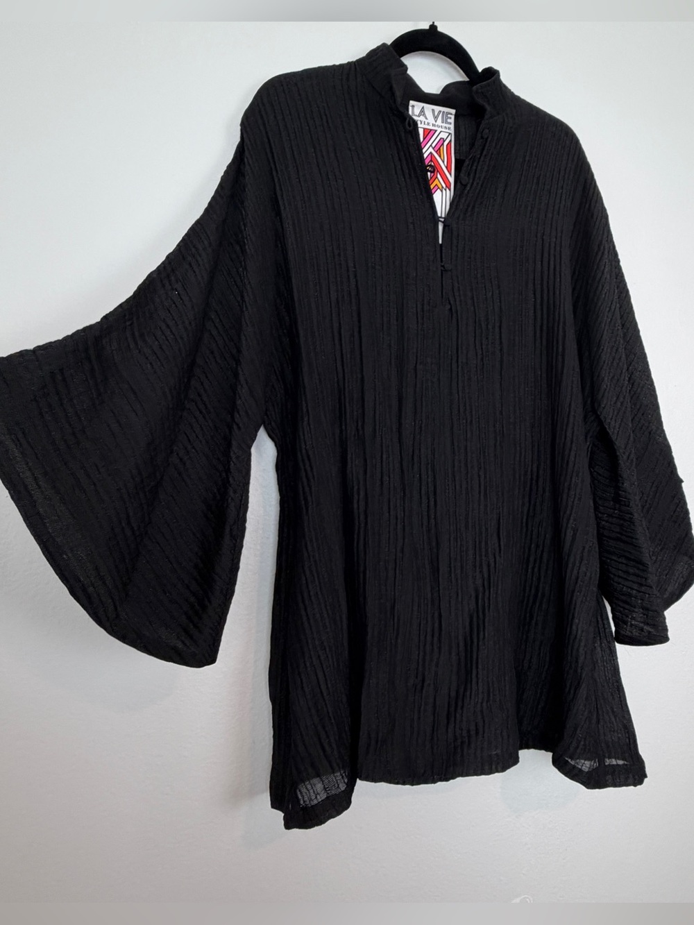 La Vie Style House Mini Caftan Black Sheer Cover Up Dress Quiet Luxury Resort OS